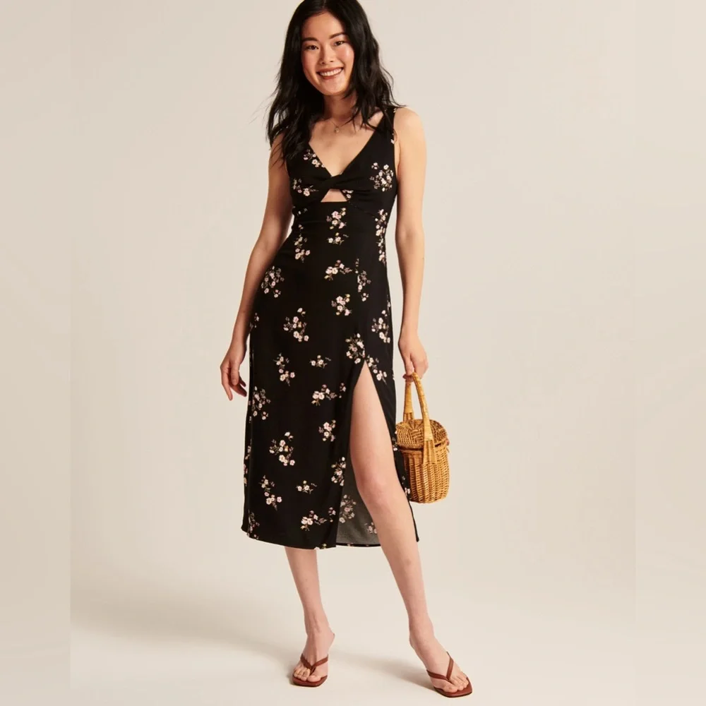 Abercrombie & Fitch Twist Floral Black Midi Dress XSP - Picture 1 of 7